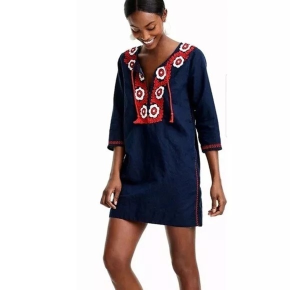J. Crew Embroidered Navy Blue And Red Tunic Top Dress Size Small - Picture 1 of 7